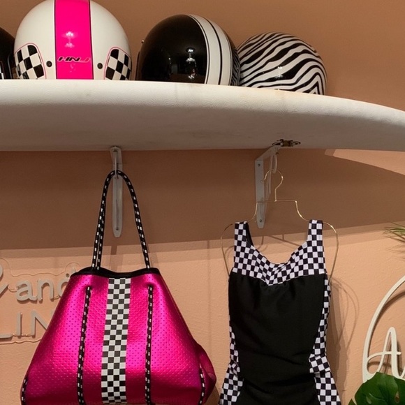 Neoprene Racer Tote Bag Prix Hot Pink or Titanium Disco racing checks waterproof - Picture 7 of 16